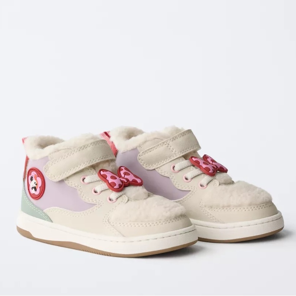 New Toddler 7 Zara Minnie Mouse Disney Fleece High Top Sneakers Pink Bow Charm